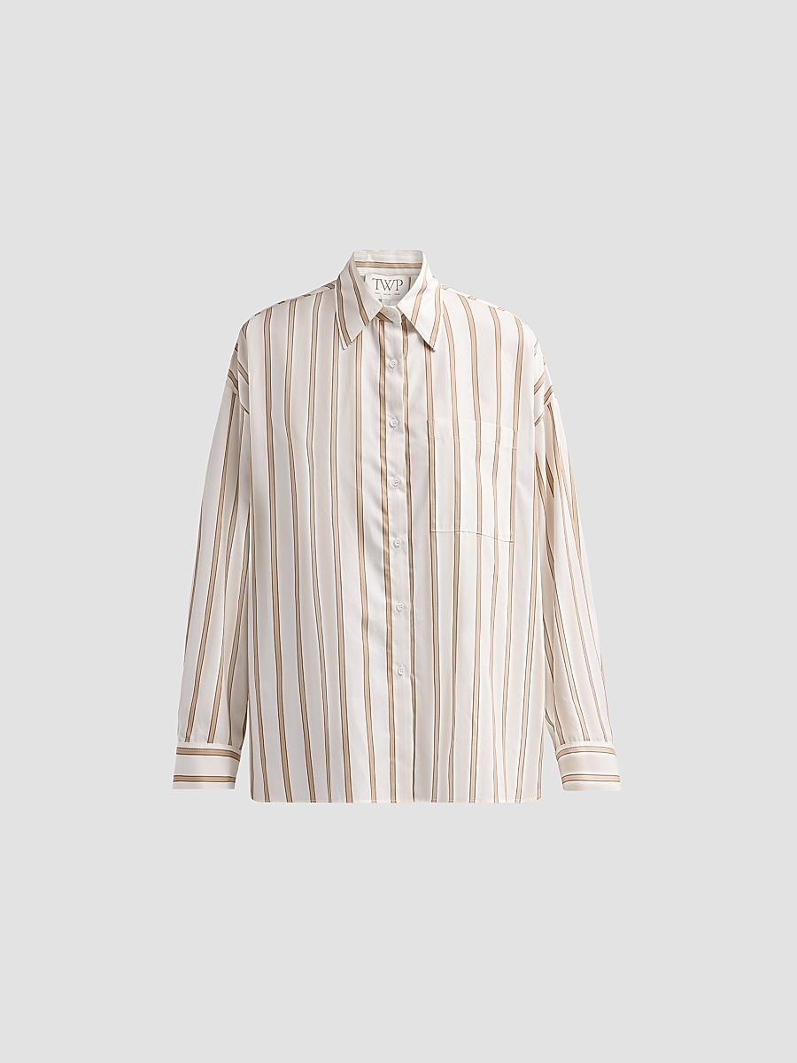 Women's Something Borrowed Stripe Cotton Button-Front Shirt - White Khaki - Size Medium