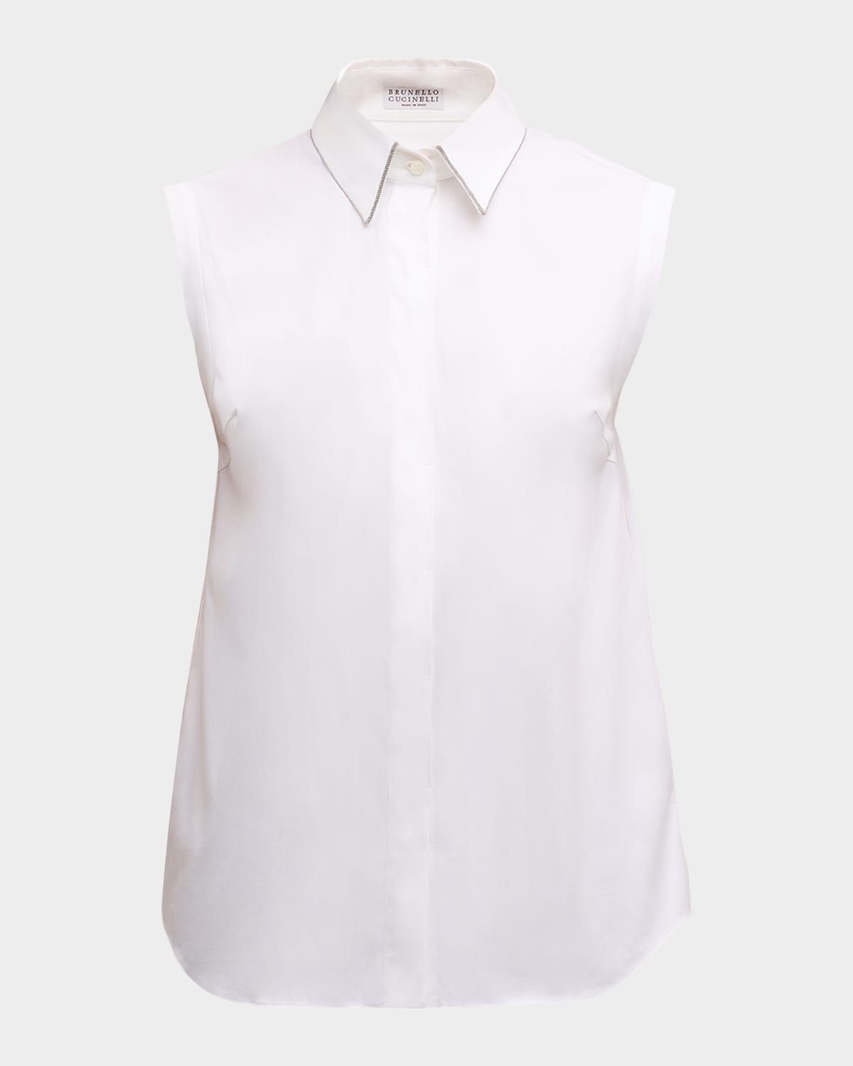Monili-Collar Sleeveless Cotton Poplin Stretch Top
