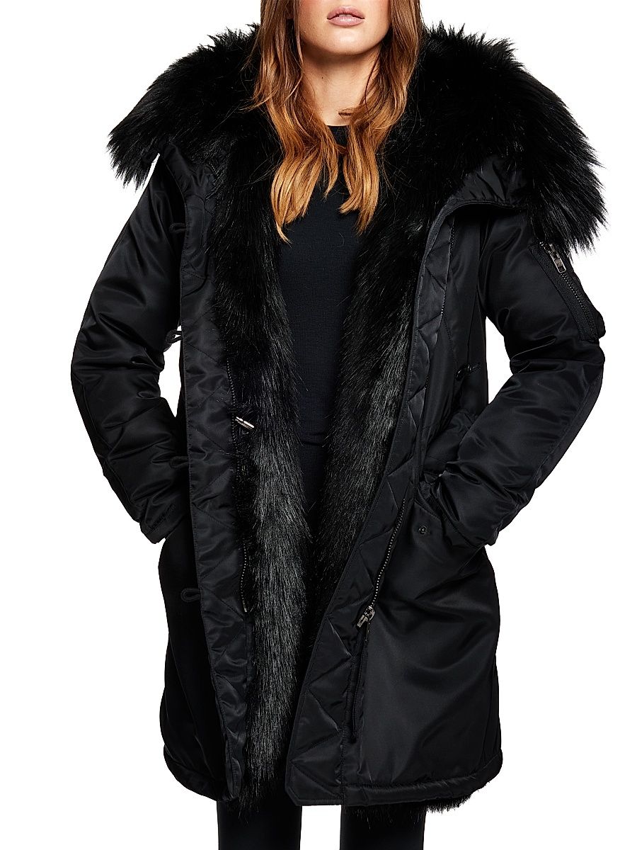 Women's Stella Faux Fur-Lined Down Coat - Black - Size Small