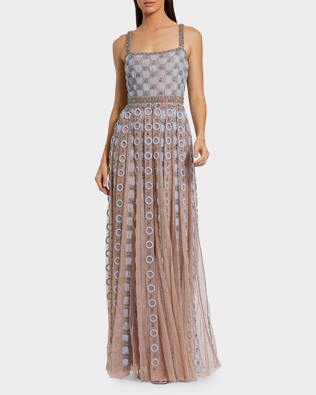 Square-Neck Embroidered Mesh Gown