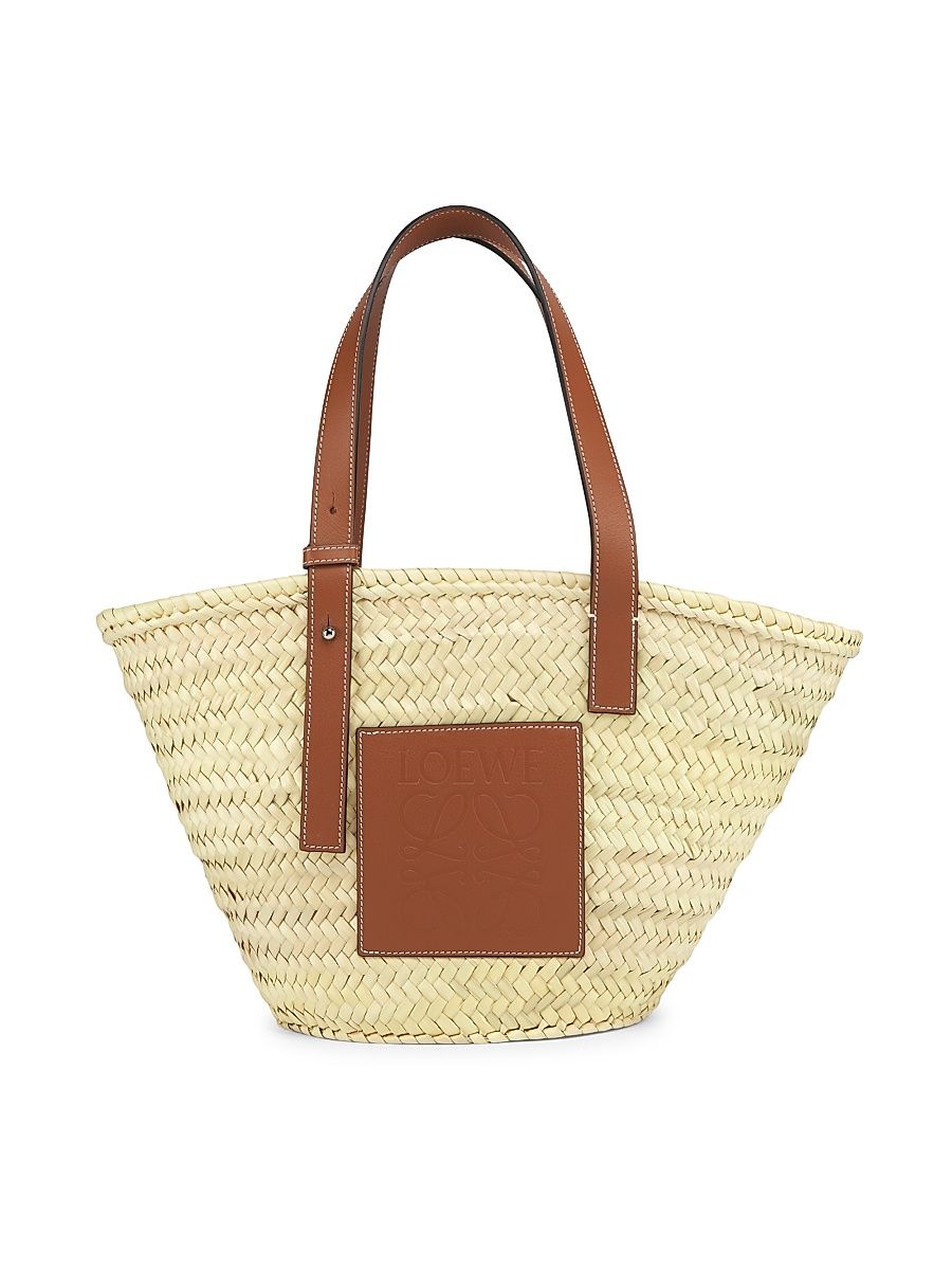 Women's Medium Leather-Trimmed Woven Basket Bag - Beige