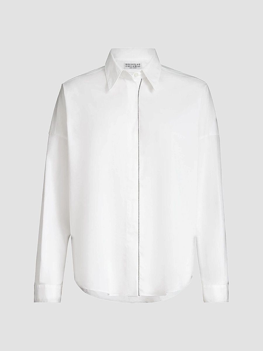 Women's Stretch Cotton Poplin Shirt with Shiny Trim - White - Size XXL