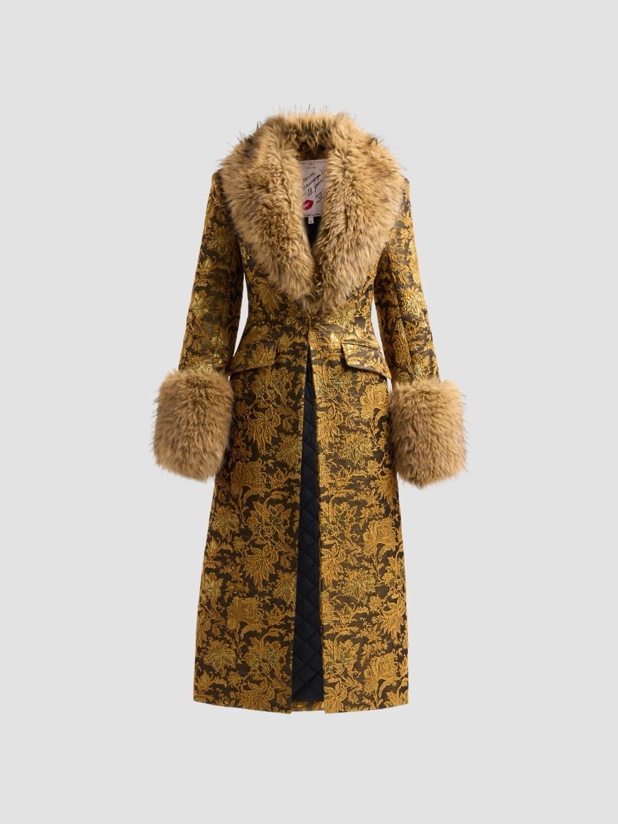 Women's Ivella Faux Fur-Trimmed Floral Jacquard Long Coat - Gold - Size XS