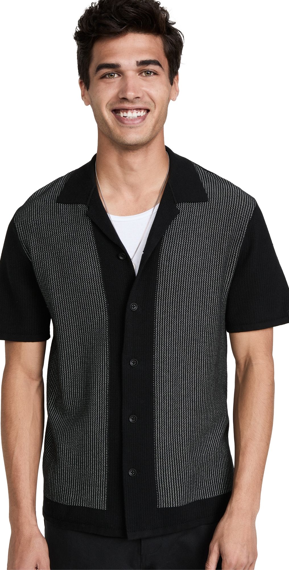rag & bone Harvey Knit Camp Shirt Black/White XL