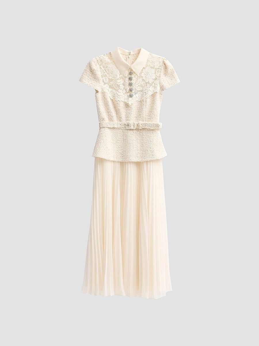 Women's Lace & Boucle Midi Dress - Cream - Size 12