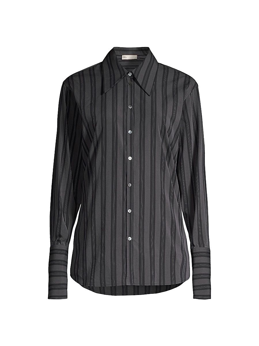 Women's Striped Long-Cuff Button-Up Shirt - Navy Blue - Size 6