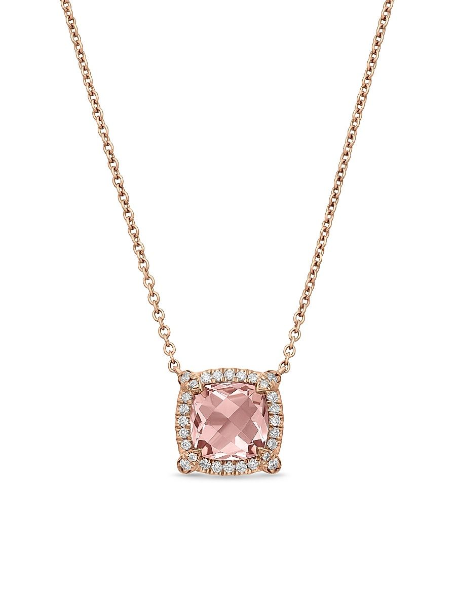 Women's Petite Chatelaine Pavé Bezel Pendant Necklace in 18K Rose Gold with Morganite and Diamonds, 7MM - Morganite - Size 18