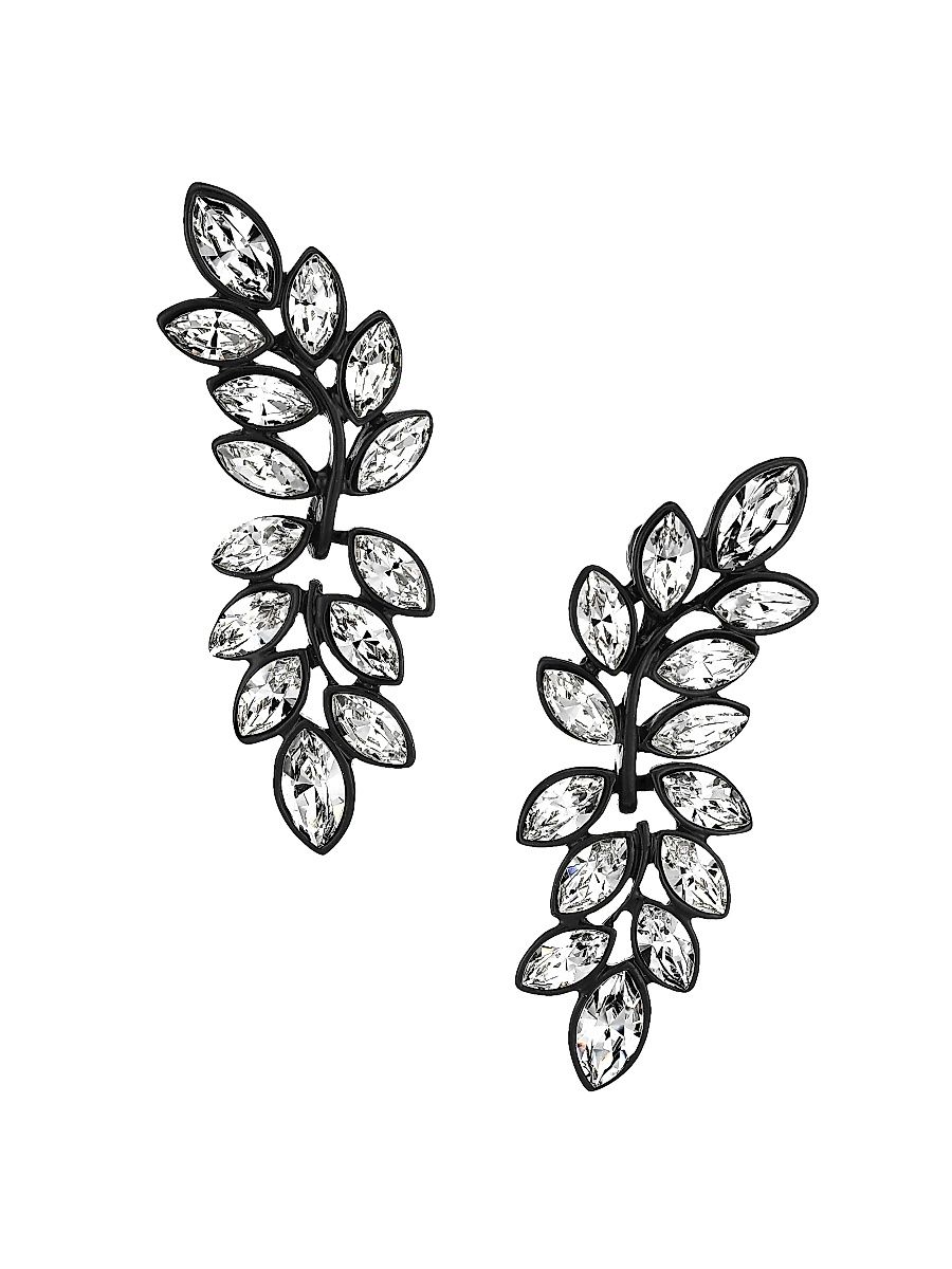 Women's Black Enamel & Crystal Leaf Drop Earrings - Crystal