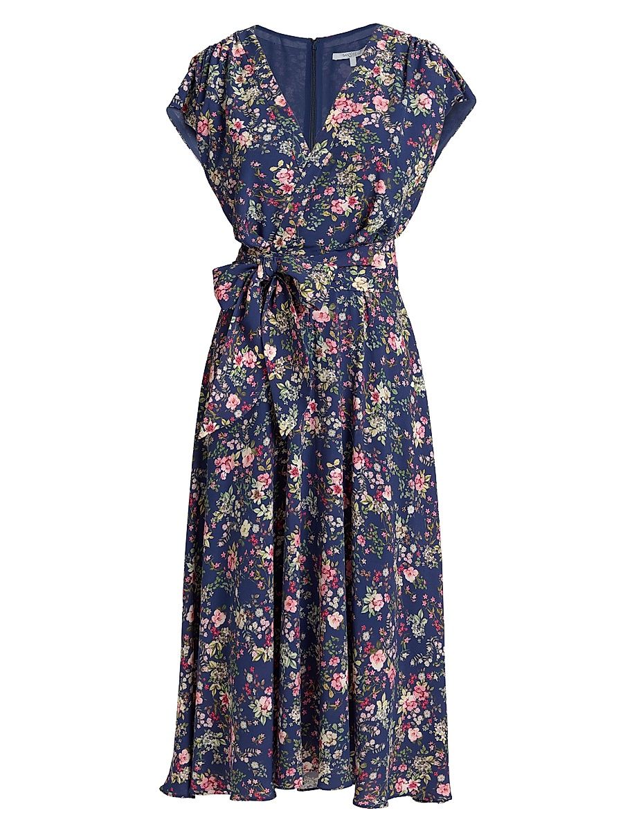 Women's Floral Faux-Wrap Midi-Dress - Aegean Multi - Size 14