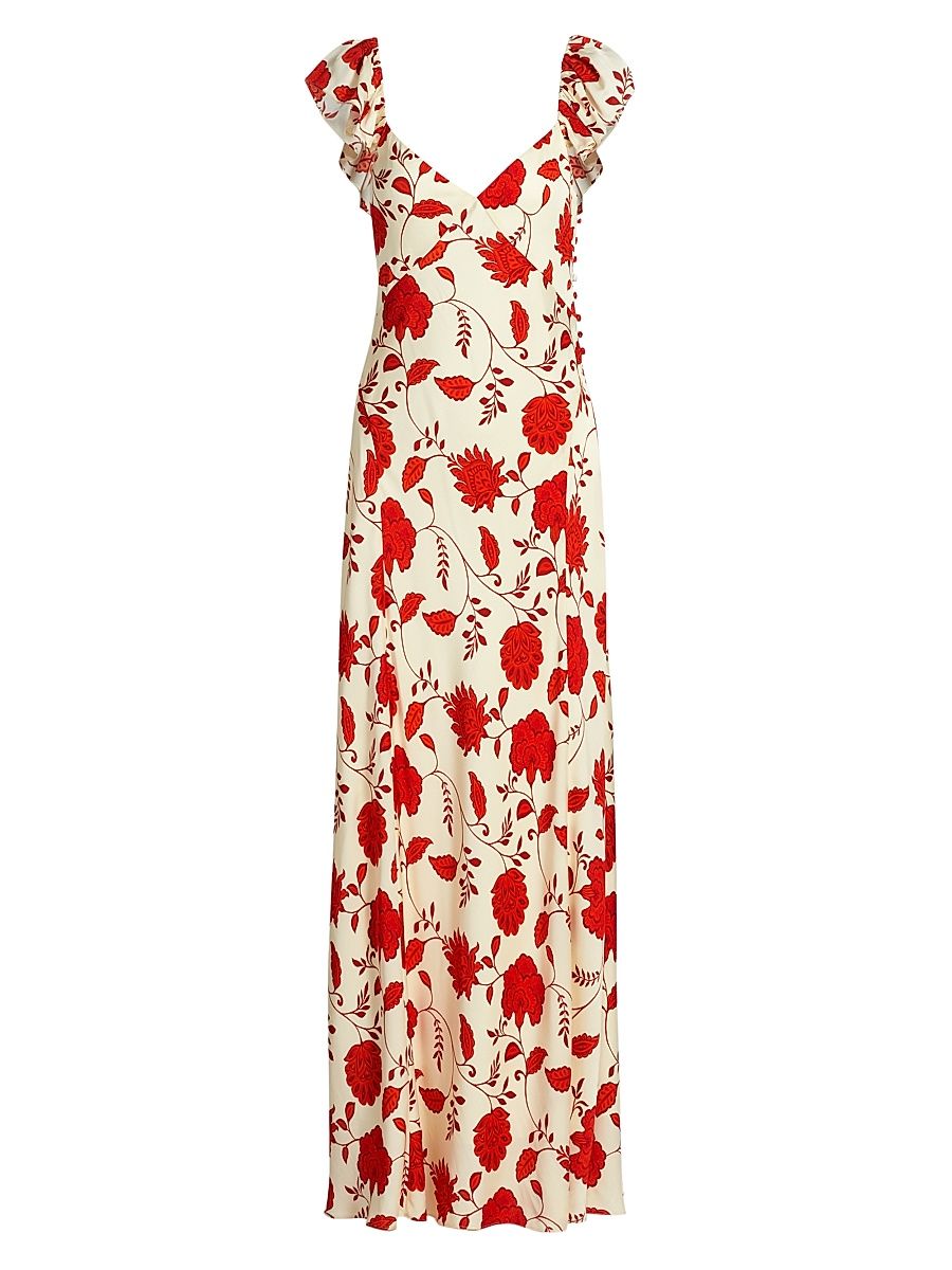 Women's Carrie Floral Silk-Blend V-Neck Maxi Dress - Cream Tomato Multi - Size 10