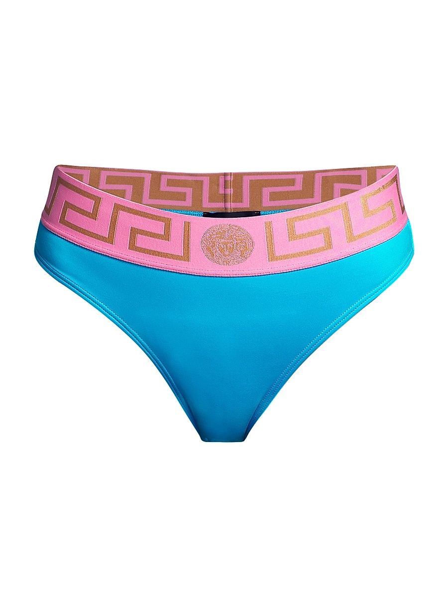 Women's Greca Border Bikini Briefs - Mediterranean Blue Flamingo - Size Medium