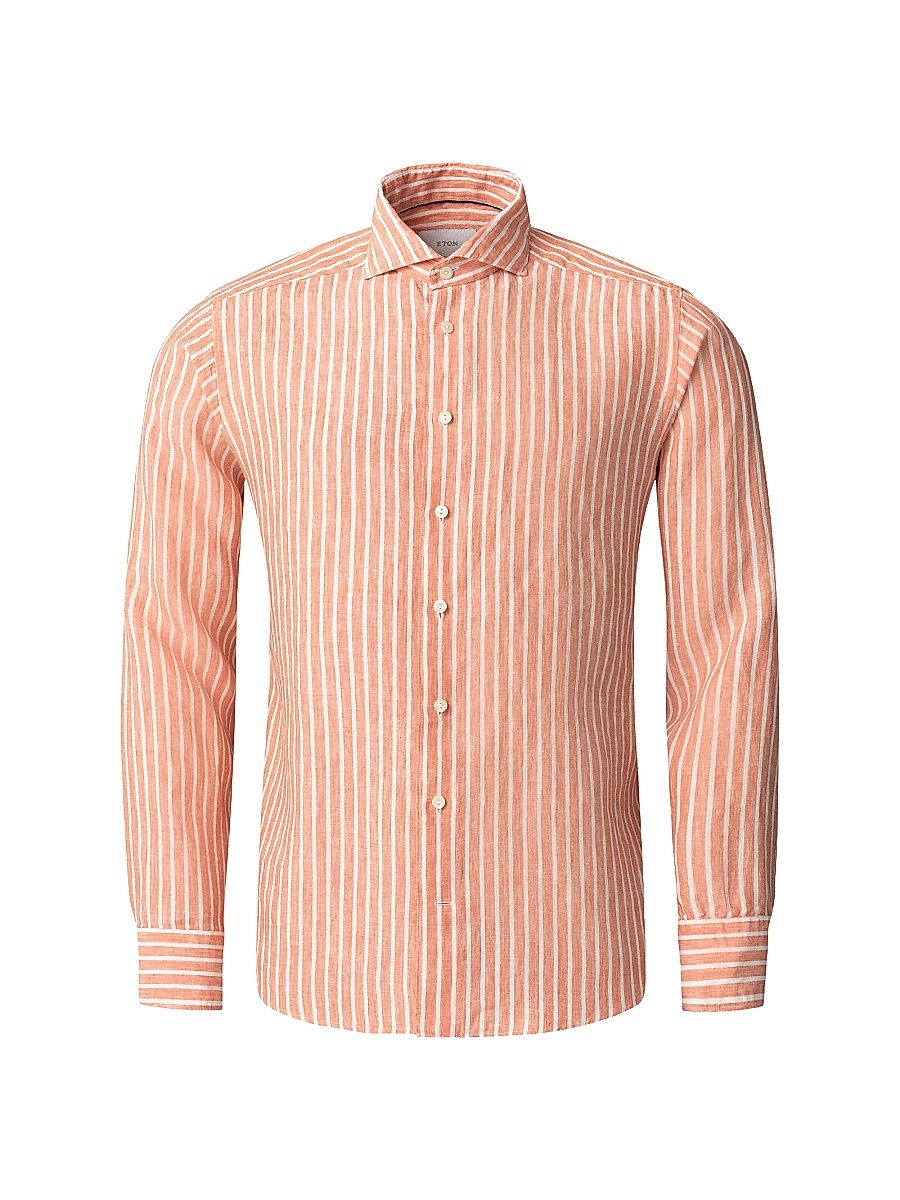 Men's Slim-Fit Striped Linen Shirt - Orange - Size 17.5