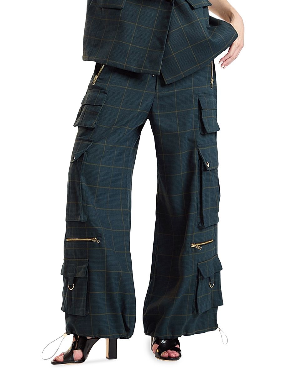Women's Plaid Cargo Pants - Green Plaid - Size Large