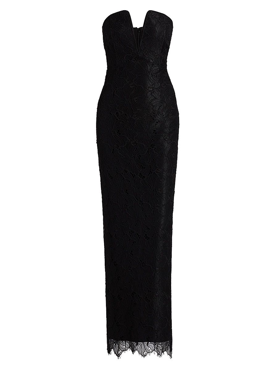 Women's Lace-Trimmed Strapless V-Neck Gown - Black - Size 14