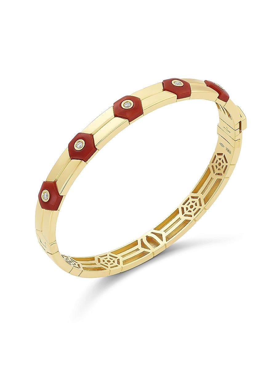 Women's Baia 18K Yellow Gold, Coral & 0.13 TCW Diamond Bangle - Yellow Gold