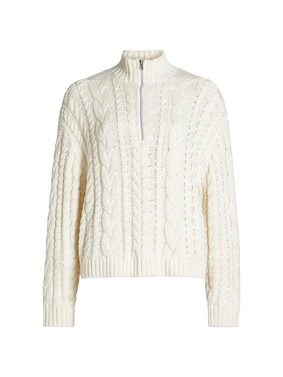 Women's Cotton Cable-Knit Zip Sweater - Ivory - Size XL