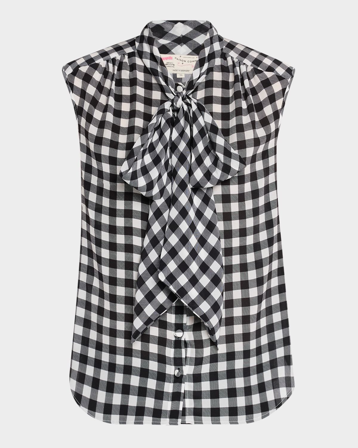 Gingham Silk Sleeveless Neck-Tie Blouse
