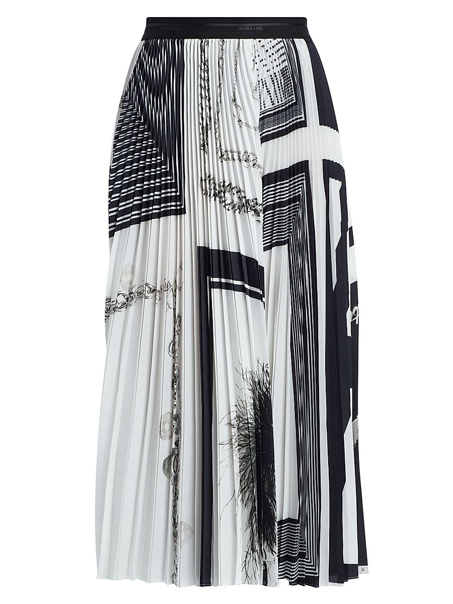 Women's Pleated Twill Midi-Skirt - Black White - Size Small