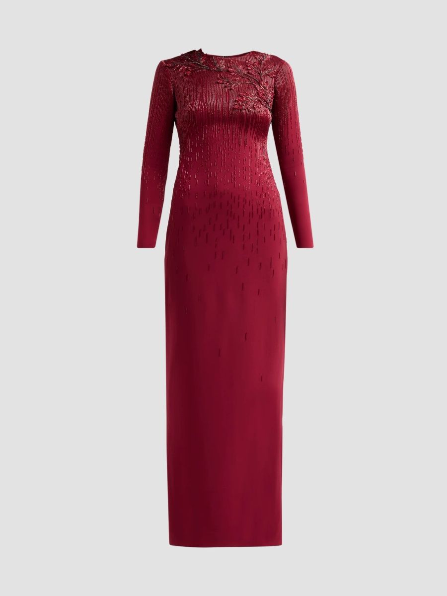 Oscar de la Renta Women's Intarsia Leaves Column Gown - Claret - Size 2