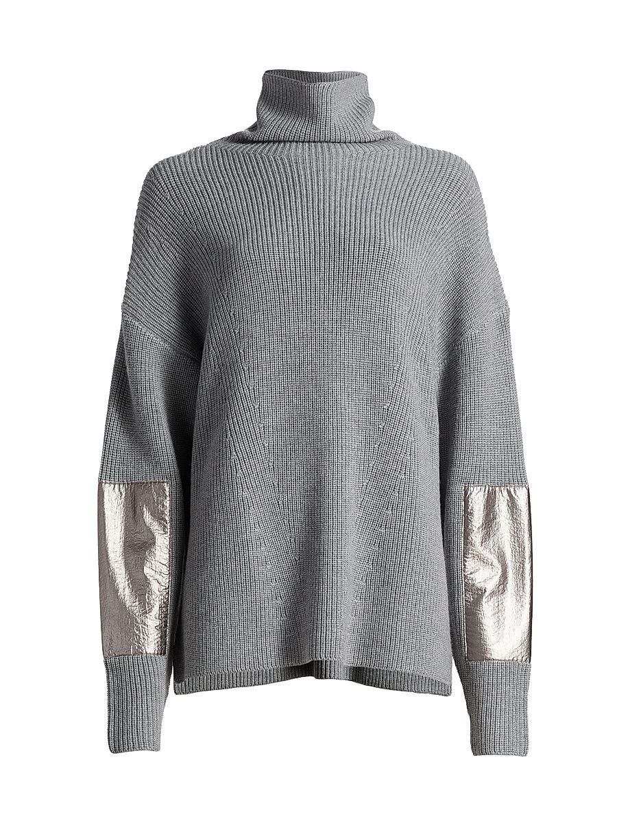 Women's Re-Edition Metallic Patch-Embroidered Wool Turtleneck Sweater - Gray - Size Medium