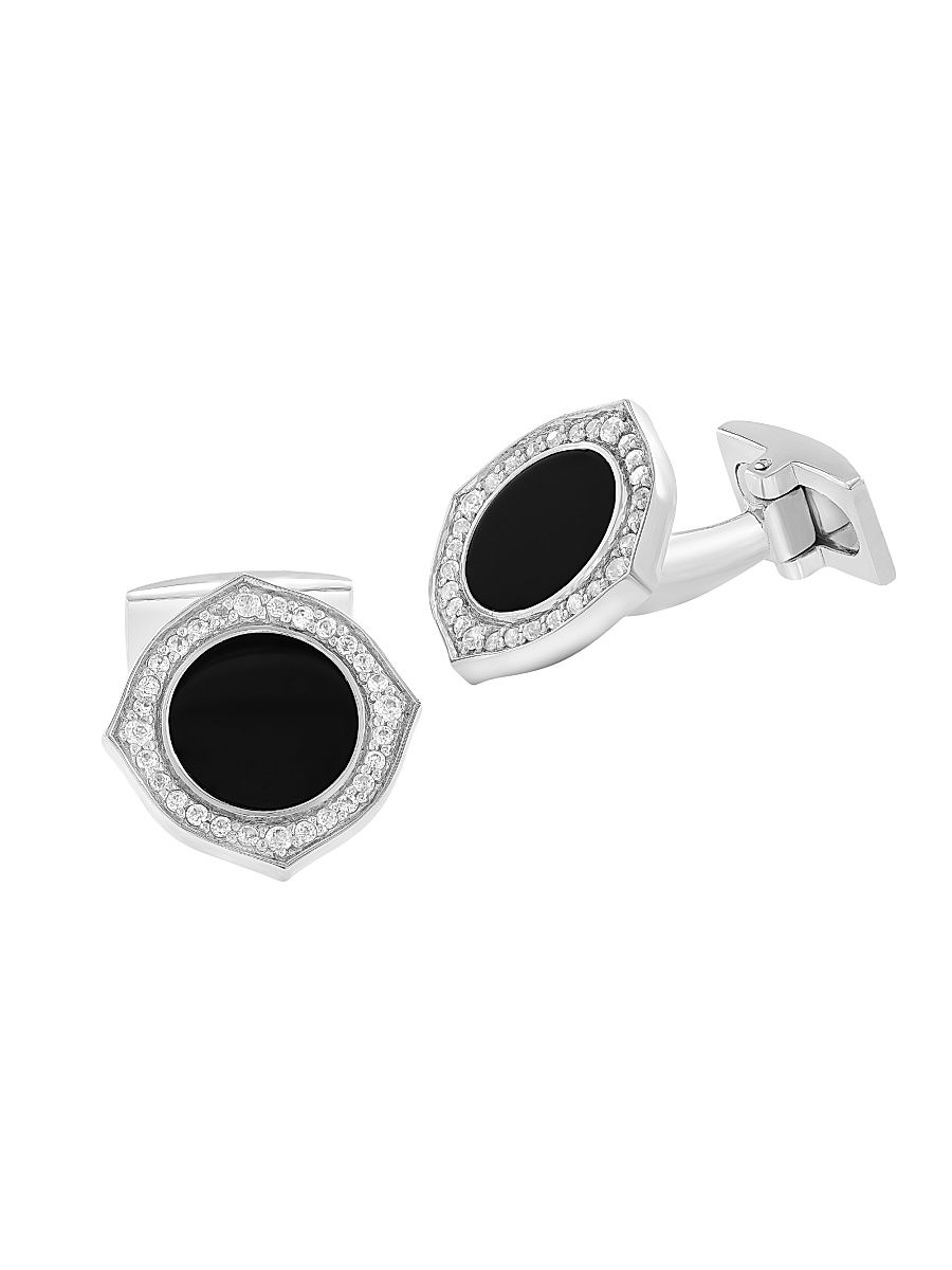 Men's 925 Sterling Silver, Onyx & Zircon Cufflinks - Silver