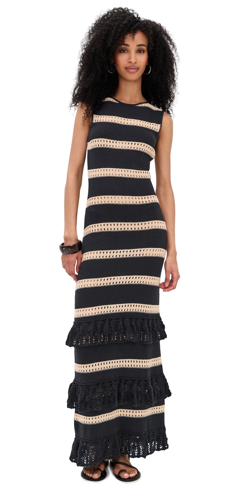 RAILS Ana Ruffle Tiered Dress Black Oat Stripe L
