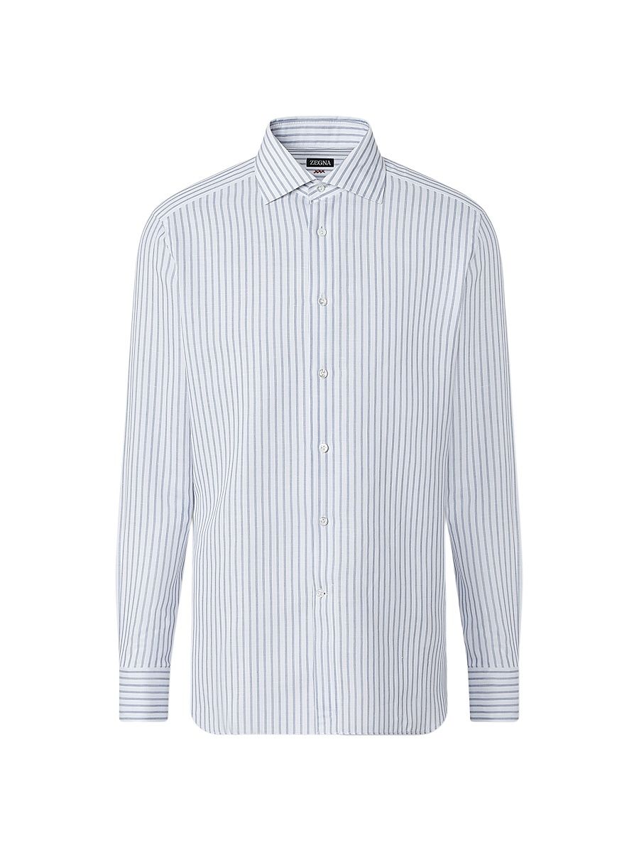 Men's Striped Cotton Linen and Silk Shirt - Dark Indigo Blue White - Size 18.5