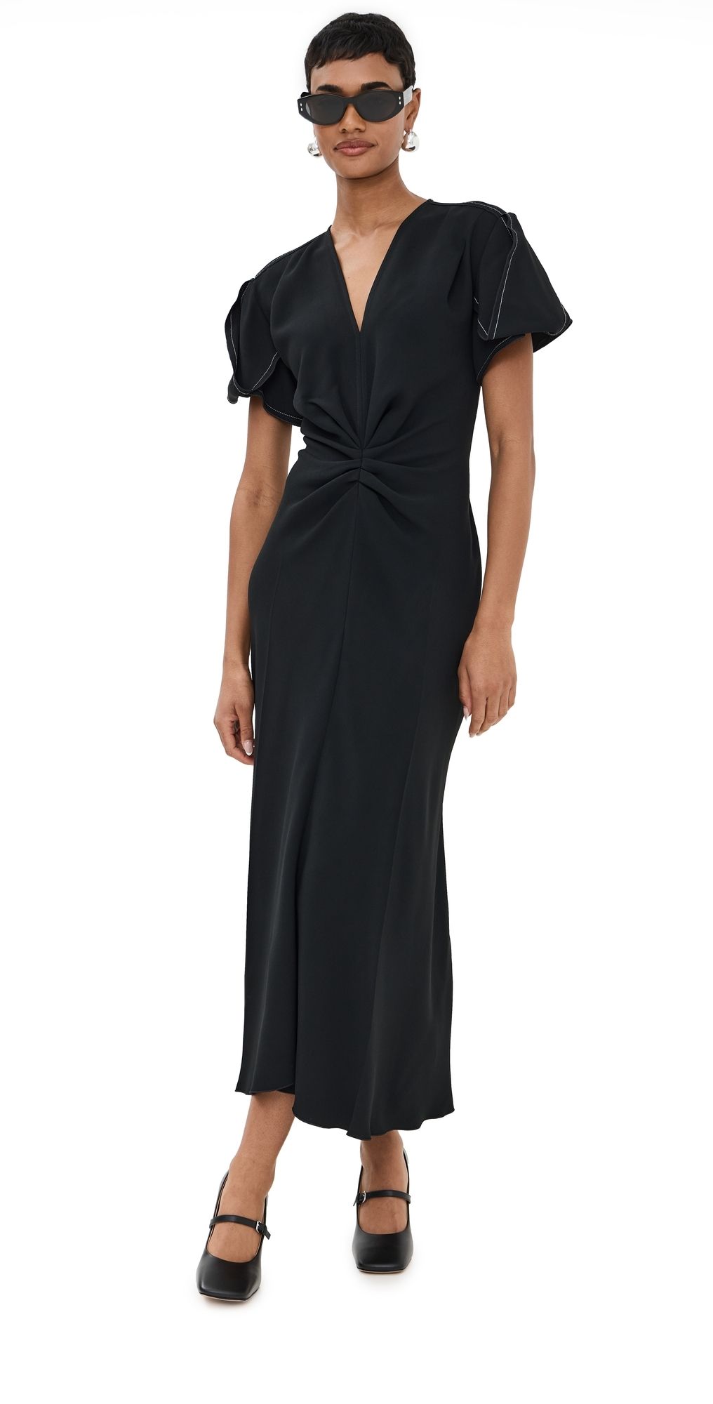 Victoria Beckham Gathered V Neck Midi Dress Black 4