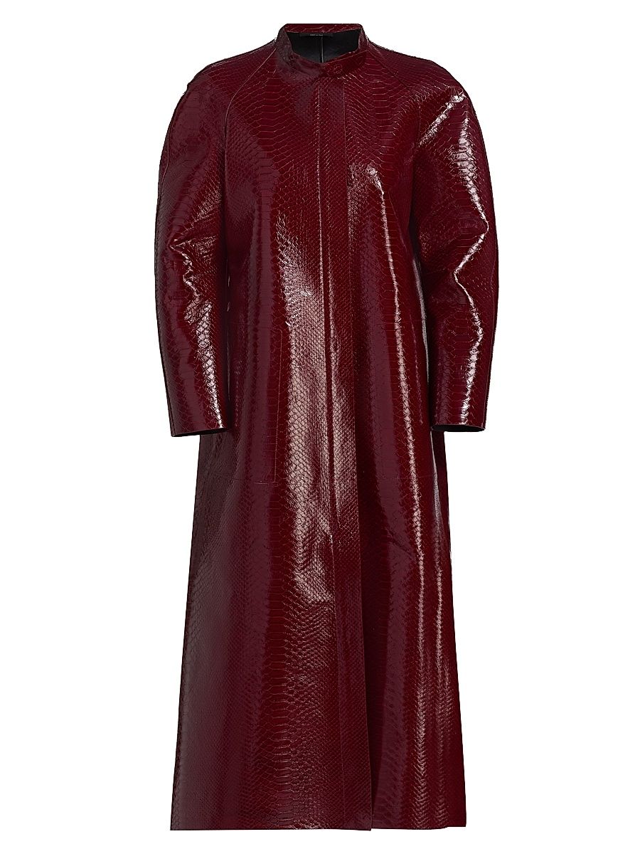 Women's Snake-Embossed Leather Biker Coat - Ruby Red - Size 10