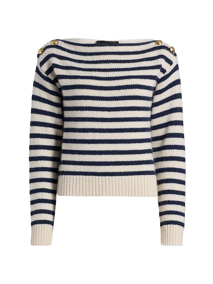 Women's Tandy Striped Cashmere Sweater - Ivory Marine Stripe - Size XL