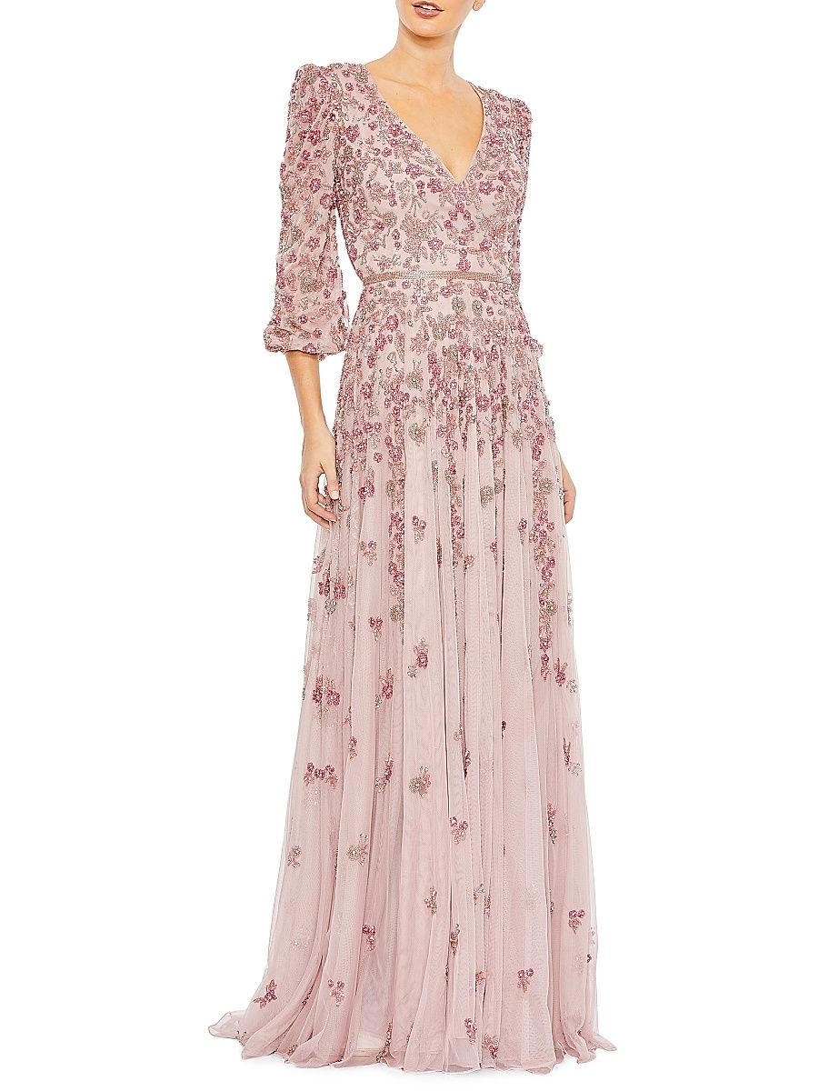 Women's Beaded Floor-Length Gown - Rose - Size 8