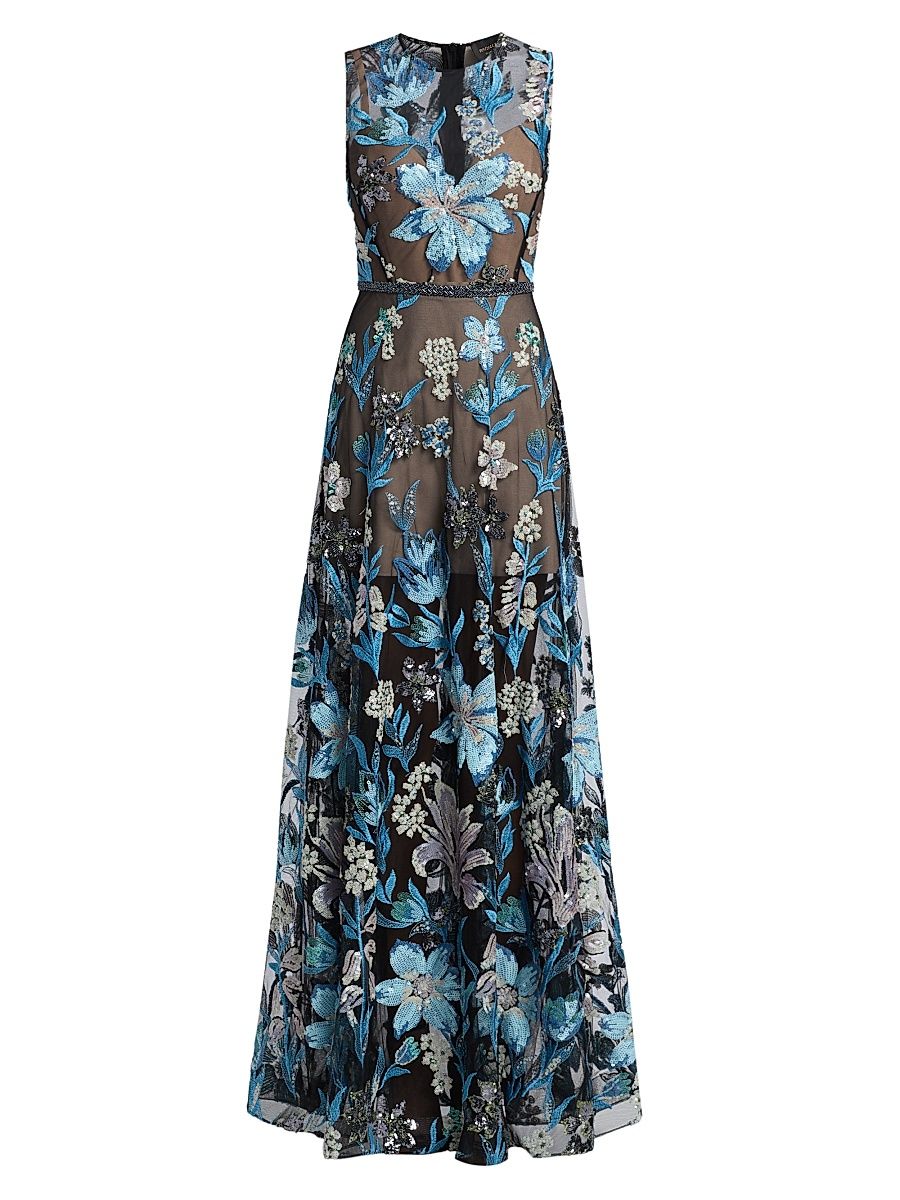 Women's Arielle Sequin Floral Gown - Blue Multi - Size Large