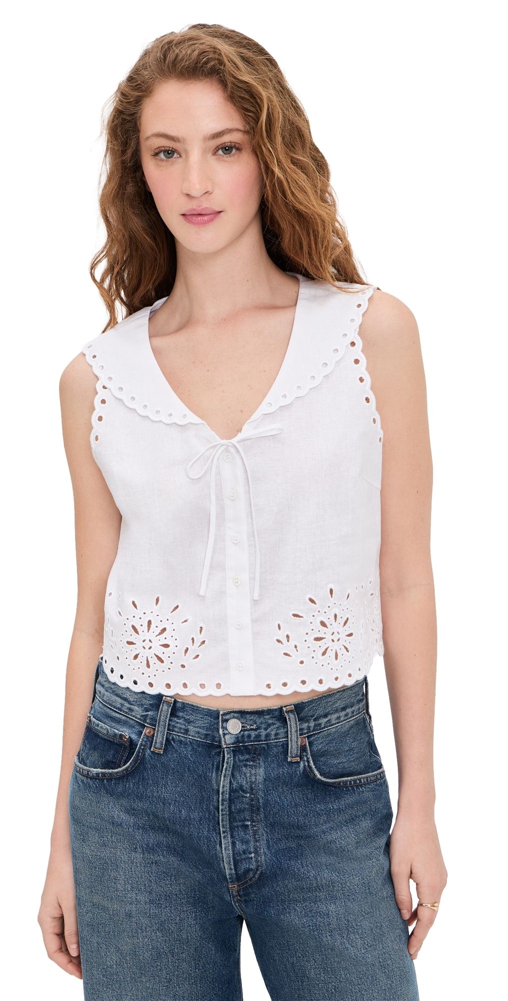 LE JEAN Embroidered Eyelet Sailor Top White XS