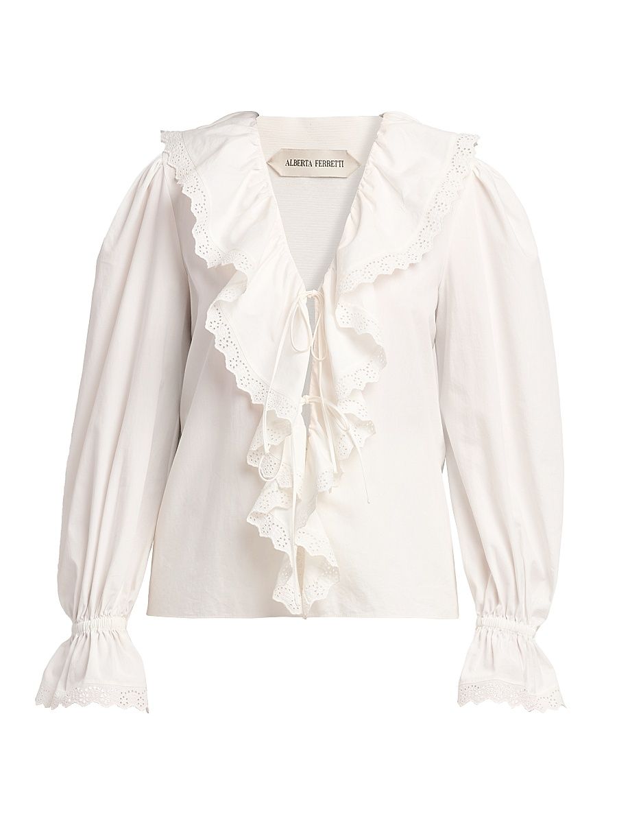 Women's Ruffled Cotton Blouse - White - Size 12