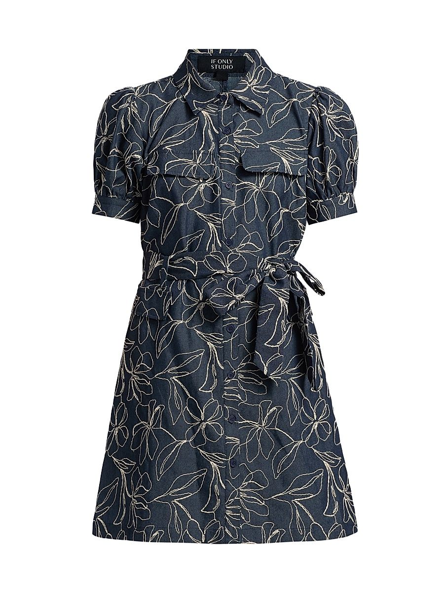 Women's Embroidered Denim Mini-Shirtdress - Blue - Size XS