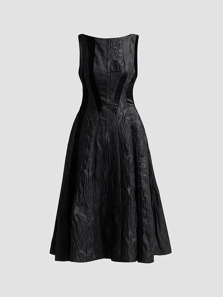 Women's Textured Mixed-Media Scoopback Midi Dress - Black Multi - Size 12