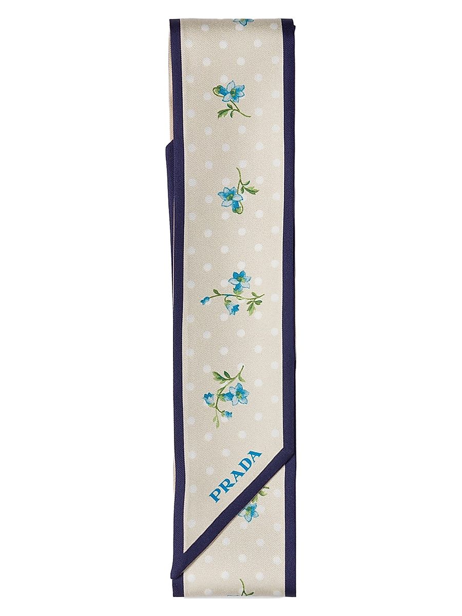 Women's Printed Silk Twill Skinny Scarf - Beige Khaki