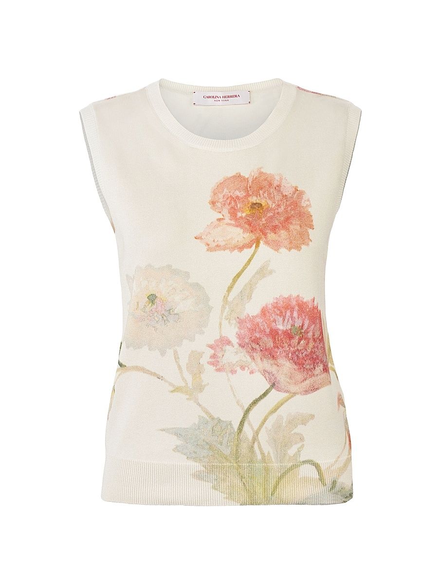 Women's Floral Silk-Cotton Tank - Almond Multi - Size XL