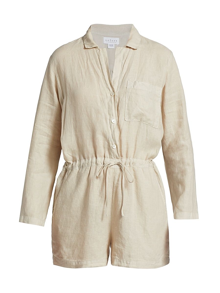 Women's Ruth Linen Long-Sleeve Romper - Sand - Size XS