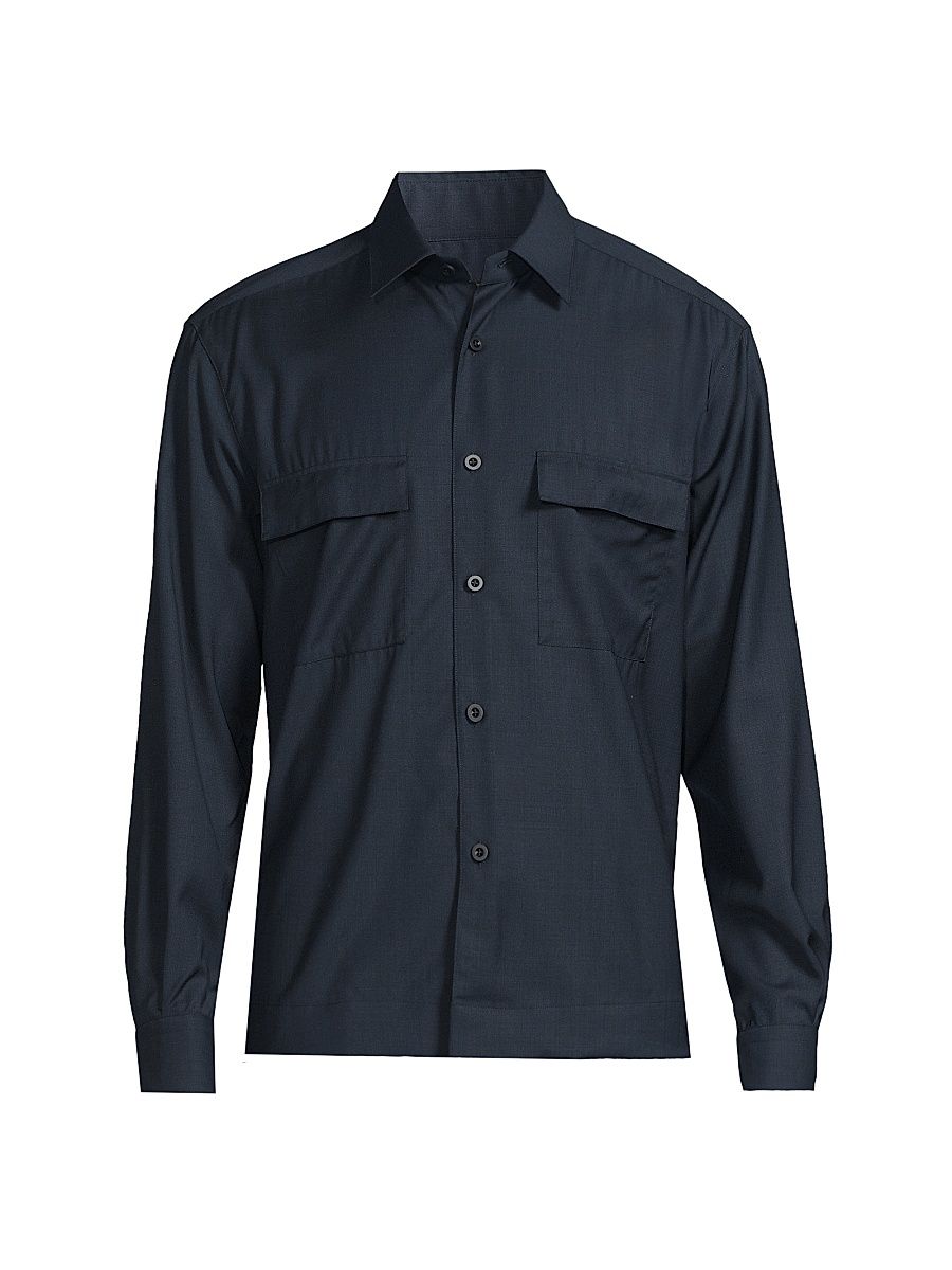 Men's COLLECTION Solid Wool Woven Overshirt - Navy - Size XXL