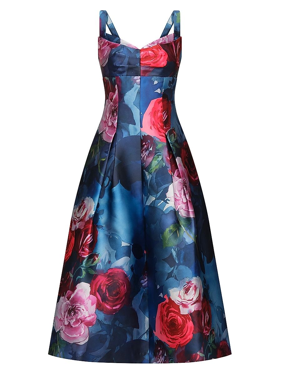 Women's Adria Floral Satin Tea-Length Dress - Ink Blue Multi - Size 16