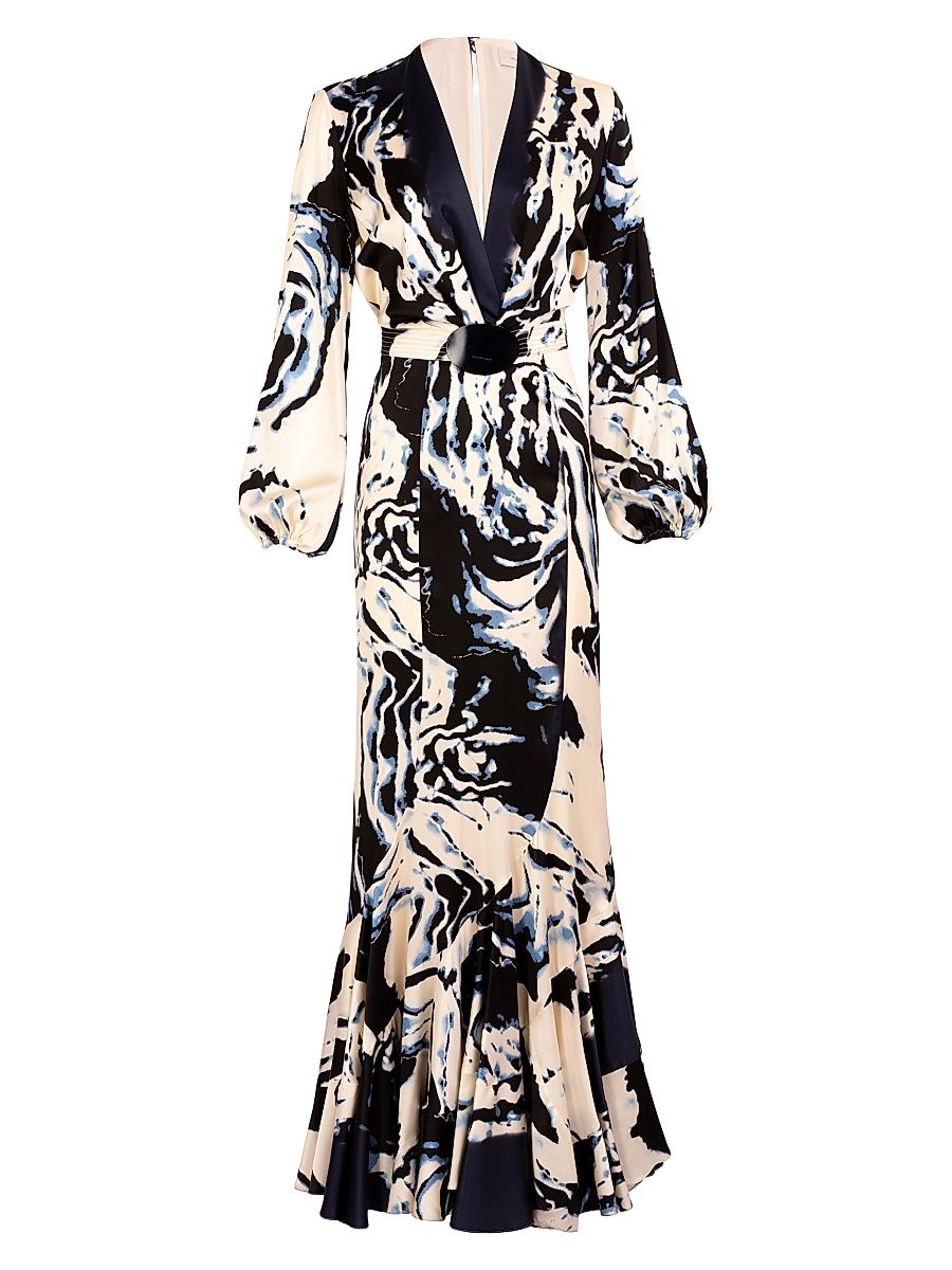 Women's Remy Plunging Stretch-Silk Maxi Dress - Deep Sea Abstract - Size Large