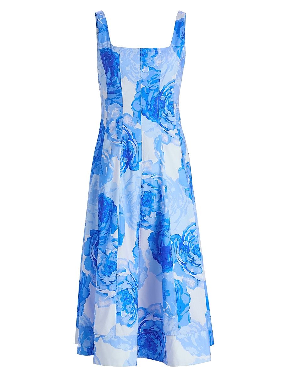 Women's Nia Printed Stretch Cotton Poplin Midi-Dress - Blue Multi - Size 12