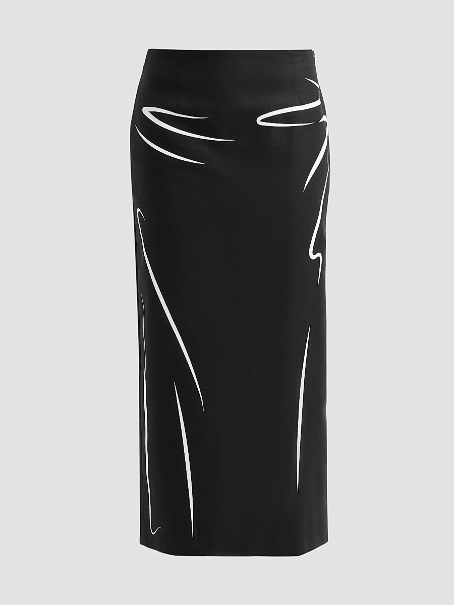 Women's Printed Cotton Midi Skirt - Multi Black - Size 14