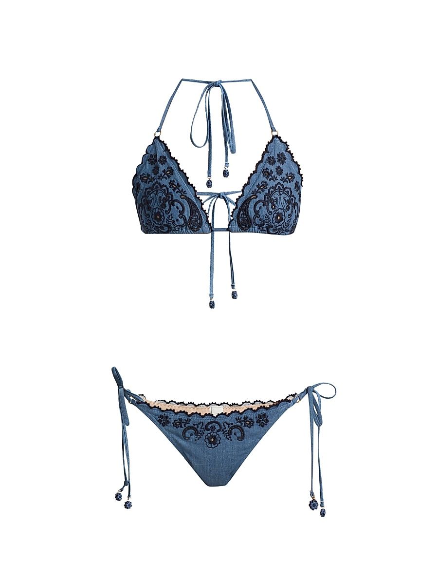 Women's Aster Embroidered Denim Bikini - Denim - Size 8