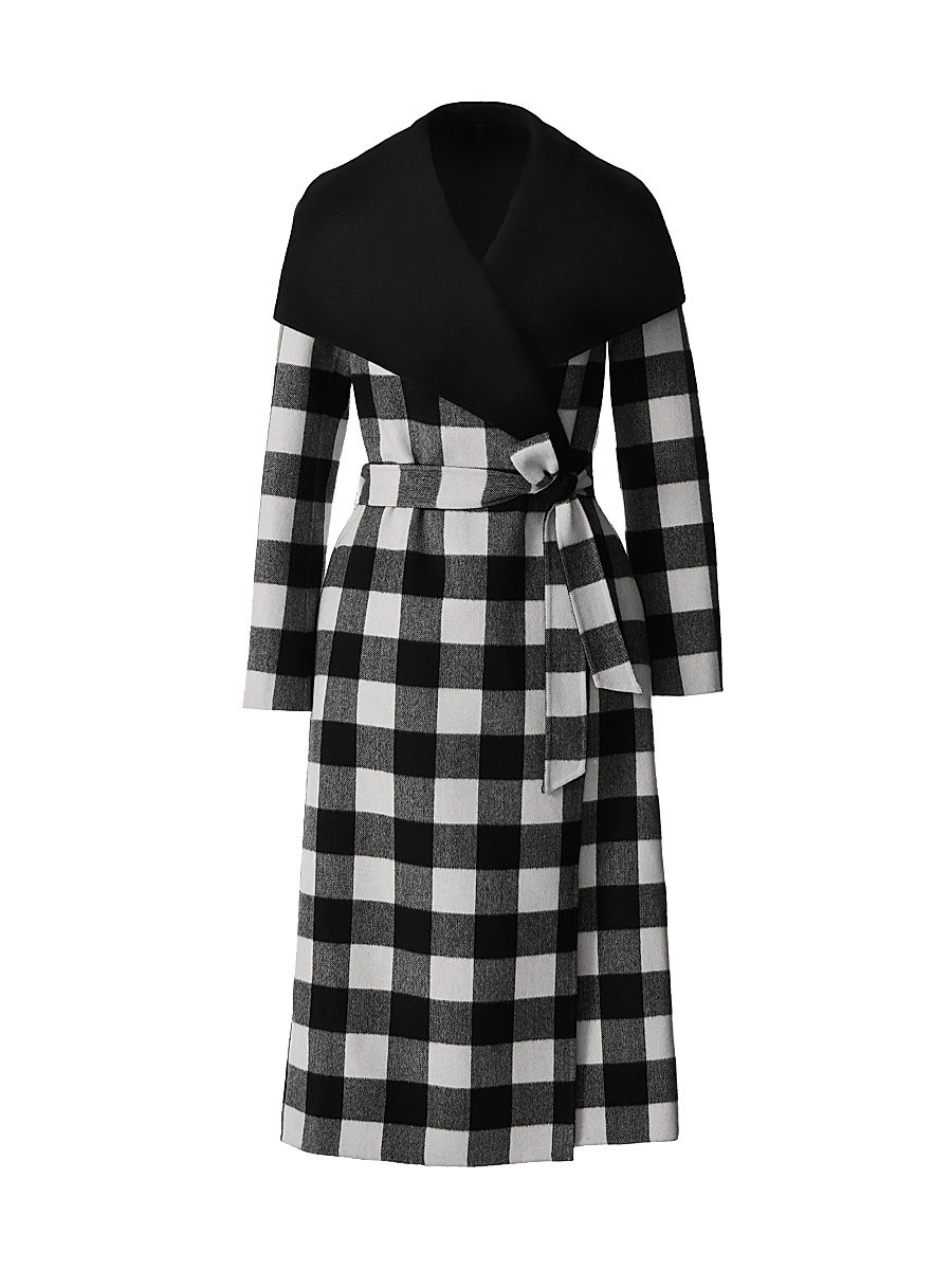 Women's Mai-Pl Check Wool Reversible Wrap Coat - Black Cream Plaid - Size Medium