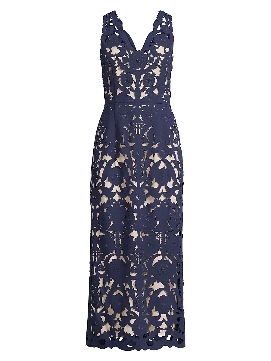 Women's Floral Crepe Laser-Cut Midi Dress - Navy - Size 16