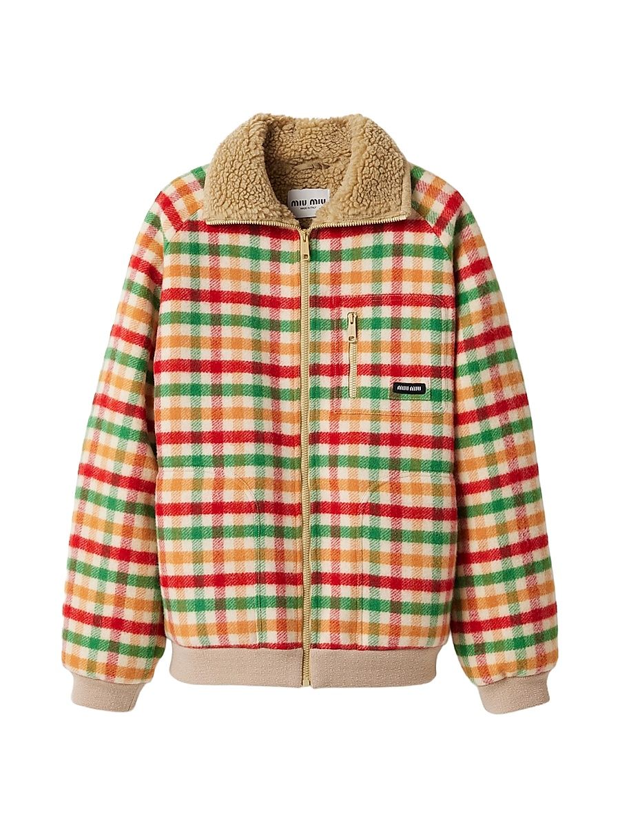 Women's Fleece-Lined Checked Blouson Jacket - Red - Size 0