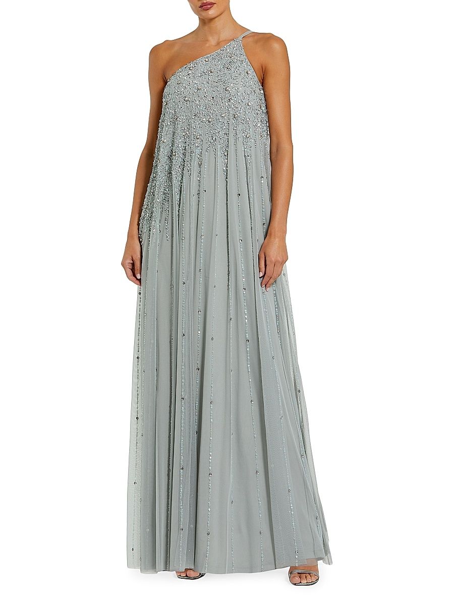 Women's One-Shoulder Beaded Tulle Trapeze Gown - Sage - Size 16