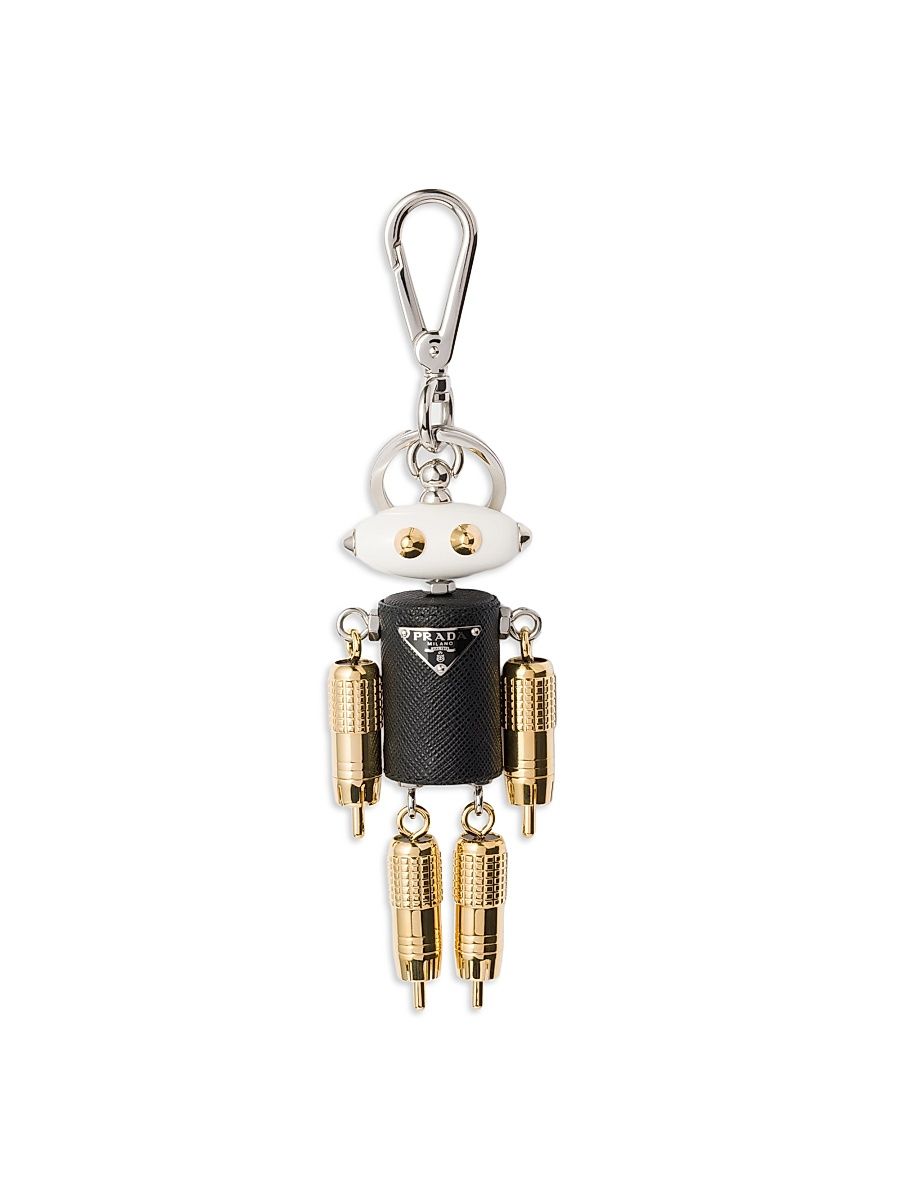 Women's Robot Saffiano Leather Key Ring Charm - Black